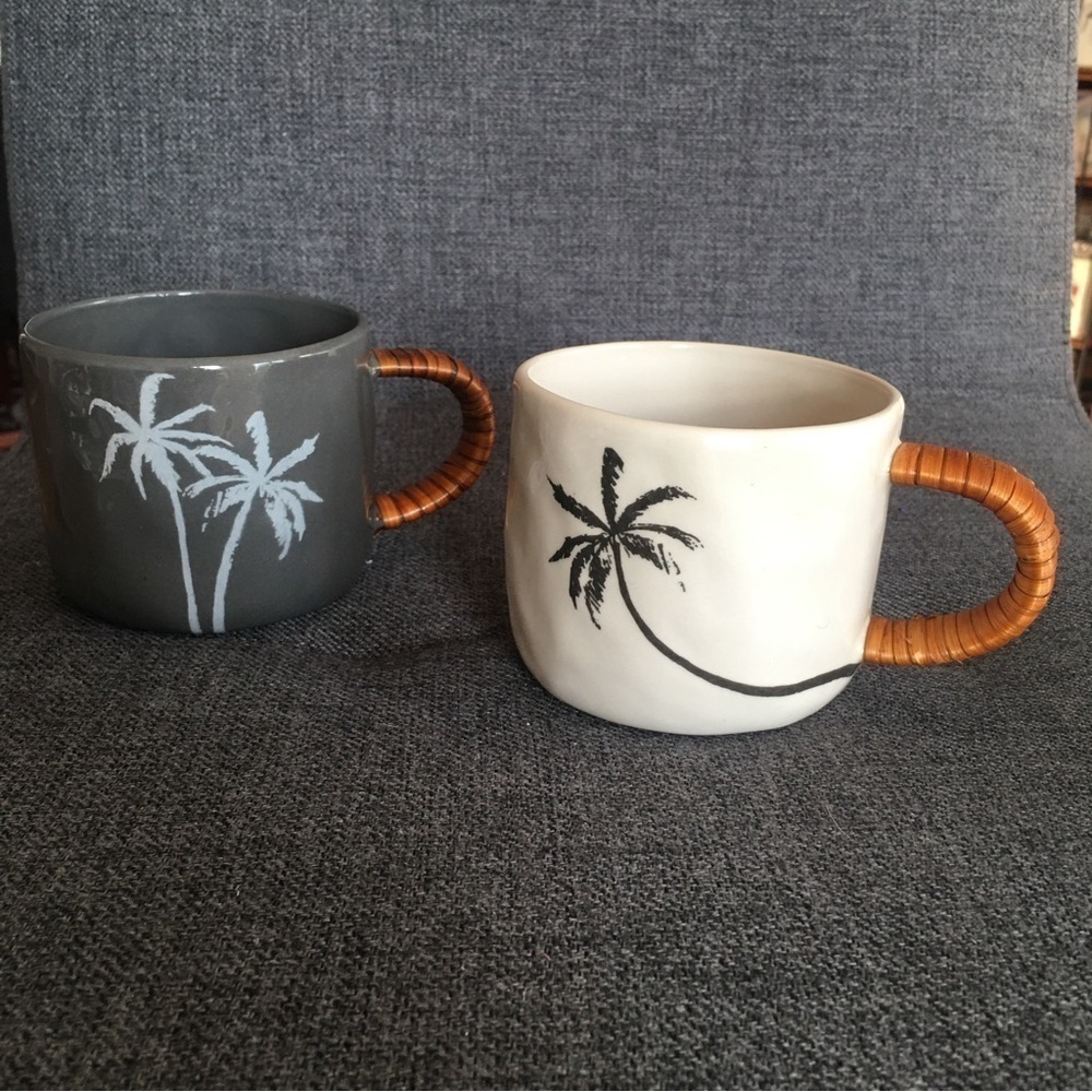HOST PICK! Set/2 Palm Trees Coffee Mugs, Gray, Ivory, 8 oz